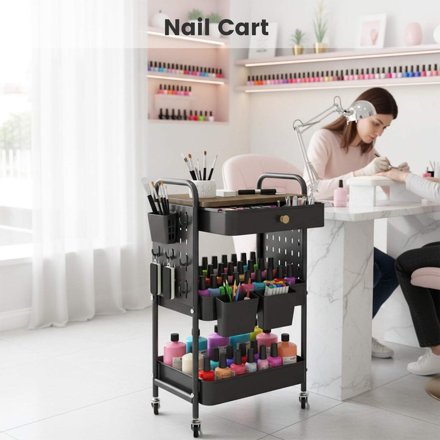 danpinera 3-Tier Rolling Cart, Metal Rolling Storage Cart with Wooden Table Top & DIY Pegboards, Storage Cart with Wheels, Hooks & Hanging Cups, Storage Organizer Cart Craft Art Cart, Black