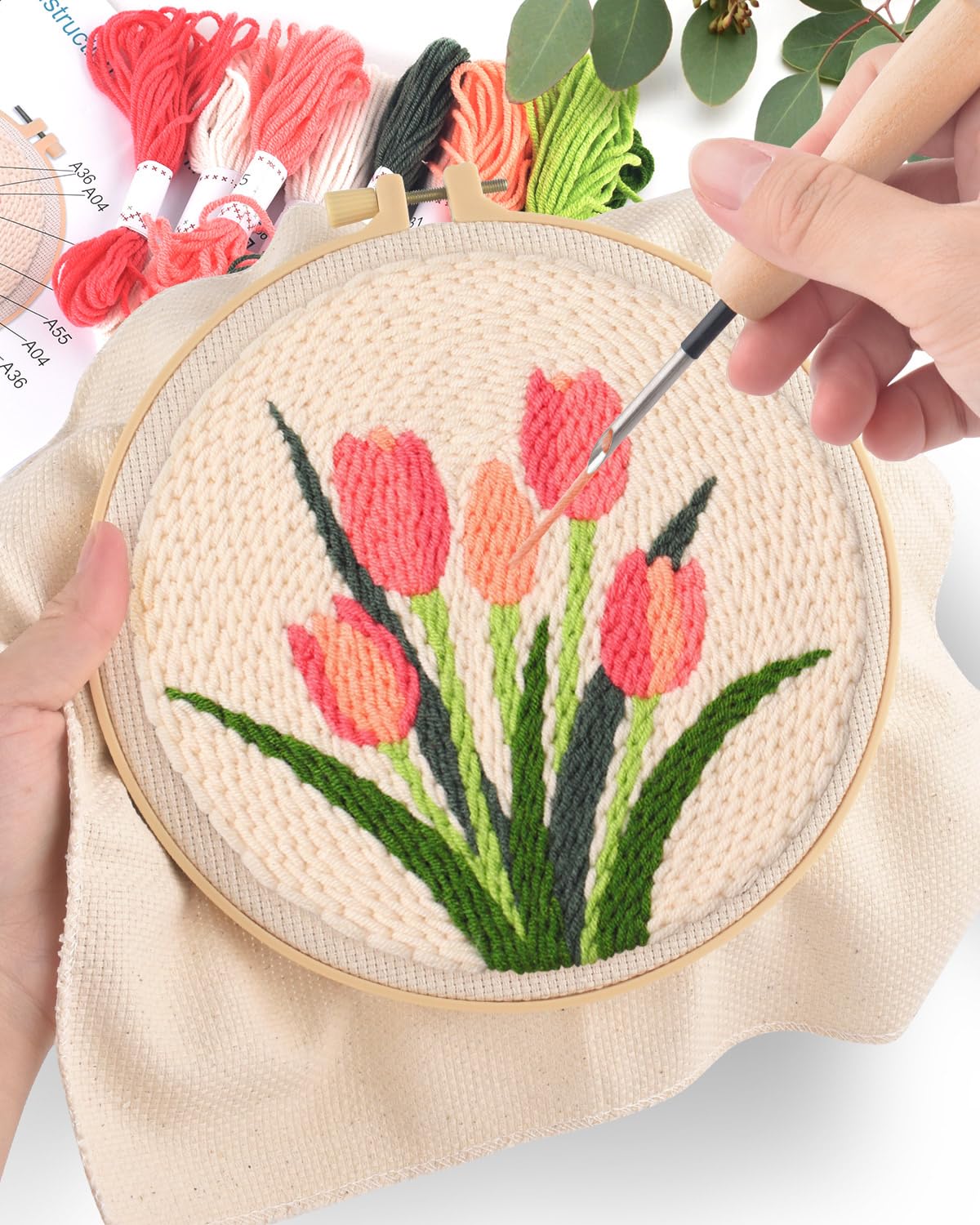 ERKOON Punch Needle Kit Adults Beginners, 2 Pcs DIY Easy Flower Embroidery Set for Starter Art Craft, Needling Punching Project with Patterns, Tools, Yarns, Hoop, Instruction (Sunflowers & Tulips)