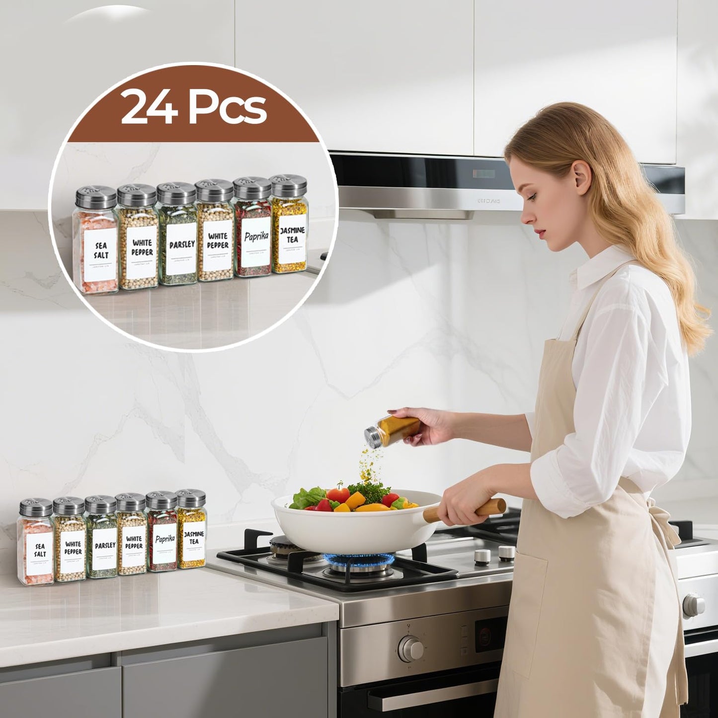 ComSaf Spice Jars with Shaker lids Adjustable, 4oz 24PCS，45 Labels, Comdiment Jars Set, Empty Spice Containers and Square Ingredient Bottles for Kitchen and Seasoning, Bulk Salt and Pepper Shaker Set
