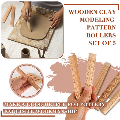 Lzttyee Set of 5 Wooden Handle Pottery Tools Clay Modeling Pattern Rollers Kit Brown (Set of 5)