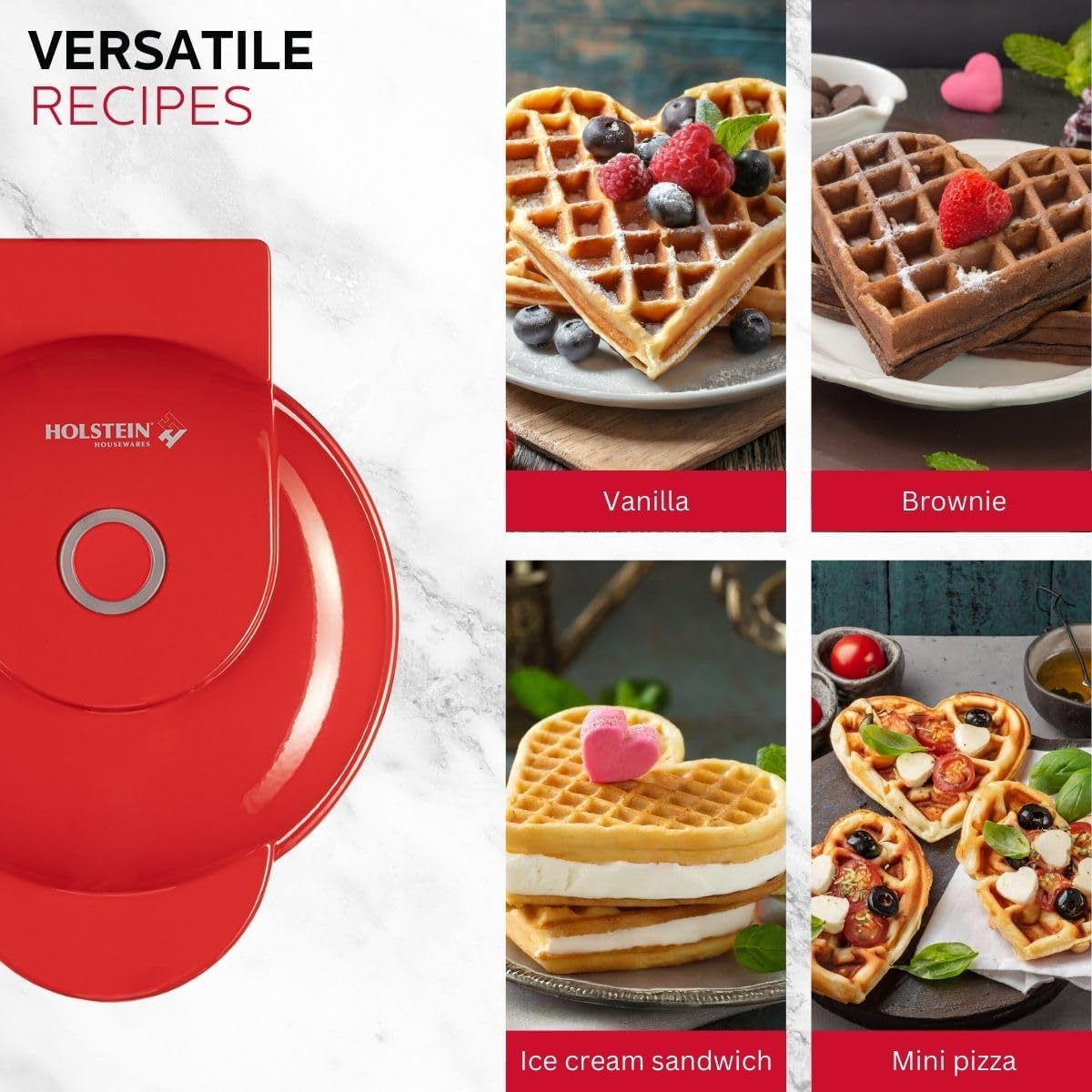 Holstein Housewares Personal Non-Stick Heart Waffle Maker, Red - 4-inch Waffles Ready in Minutes