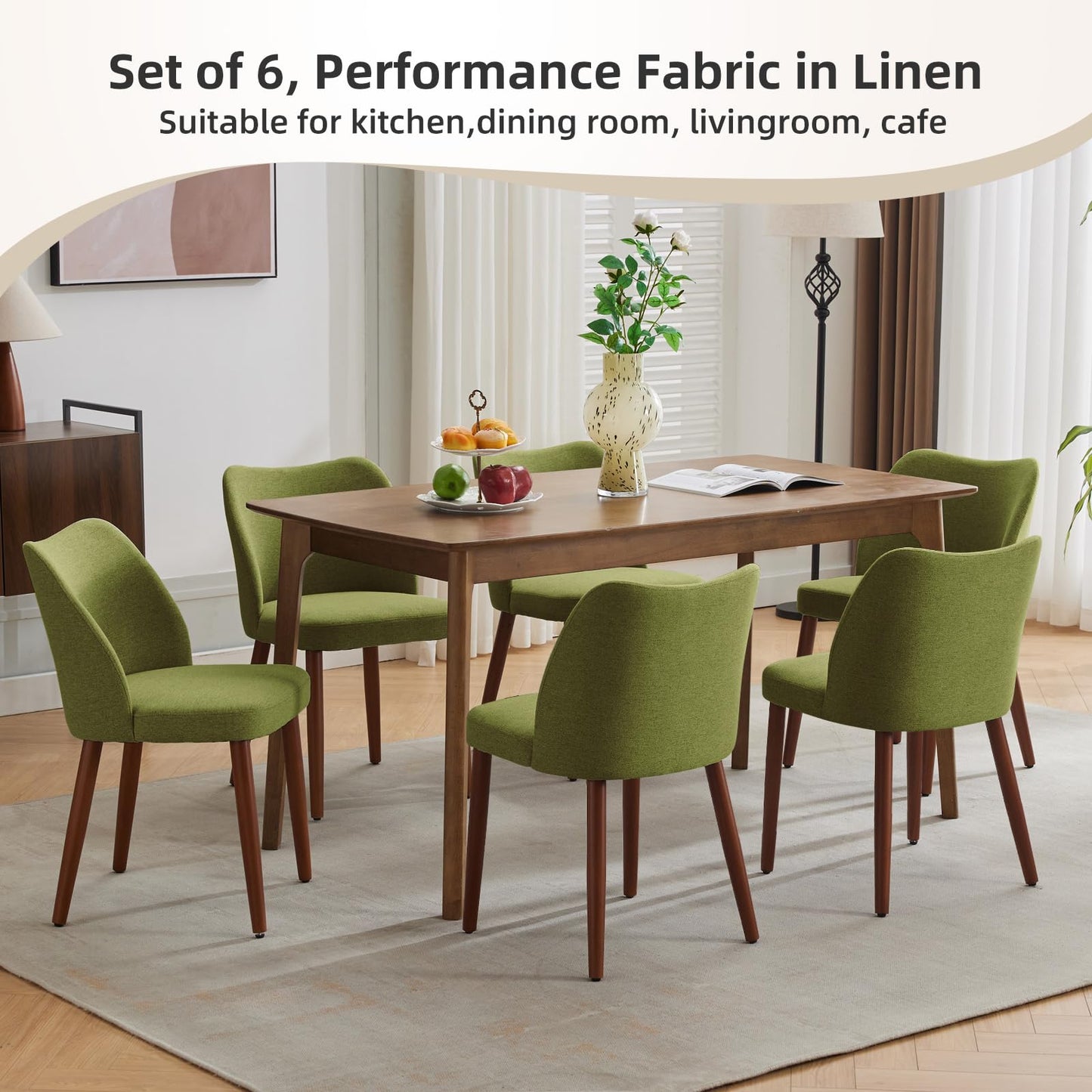 GarveeHome Linen Dining Chairs Set of 4 Upholstered Fabric Dining Chair with Wood Legs, Wing Backrest, Wooden Kitchen Chairs with Thick Cushions, Leveling Feet for Dining Room, Living Room