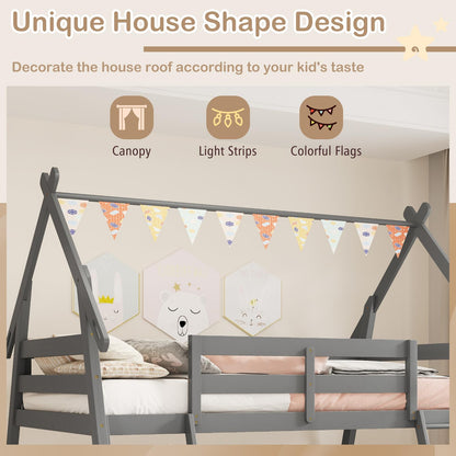 KOTEK Twin Over Queen Bunk Bed, House Bunk Beds with Climbing Nets and Ramp, No Box Spring Needed, Solid Wood Low Bunk Bed Frame for Kids Boys Girls (Grey)