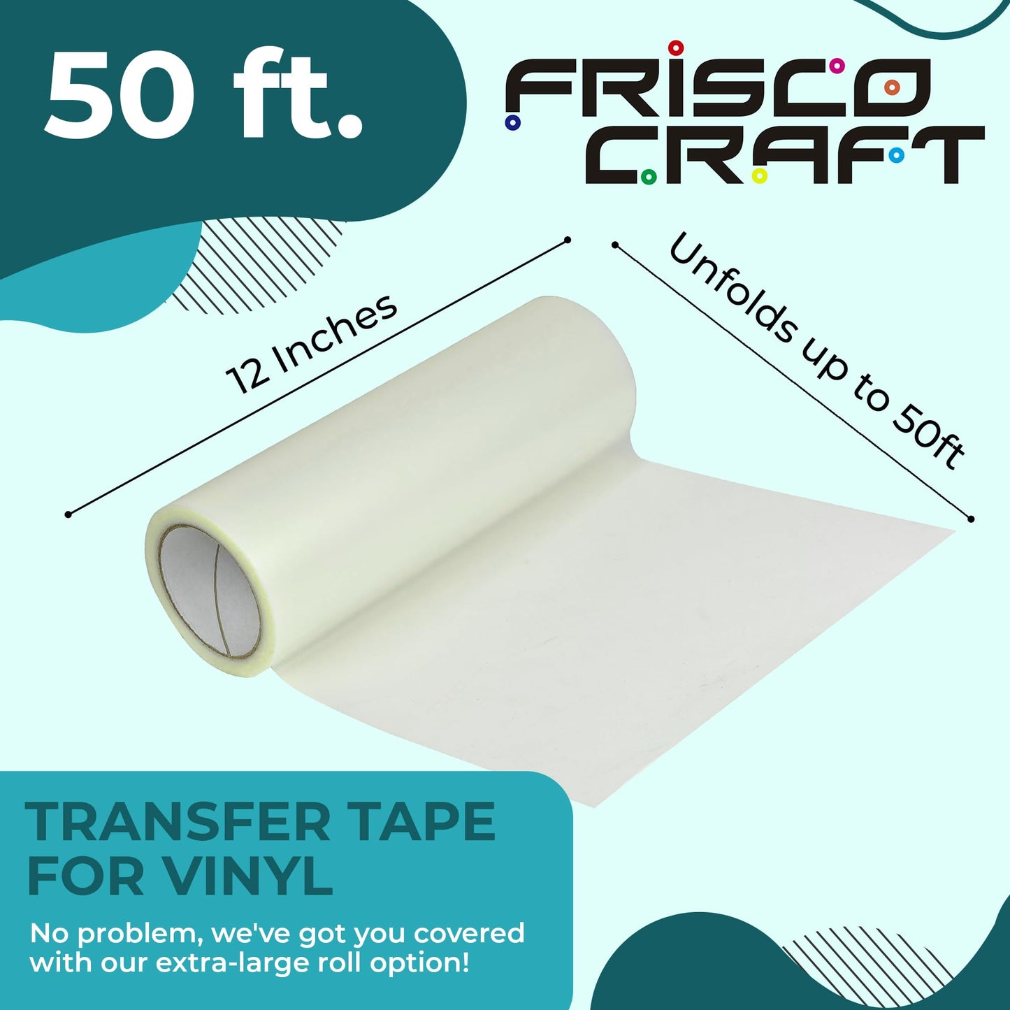 Frisco Craft Clear Transfer Tape for Vinyl Roll – Lay Flat Application Tape, Cricut & Silhouette, Medium Tack Transfer Paper for Decals, Stickers, Clear Contact Paper for Permanent Vinyl 12" x 50 Ft