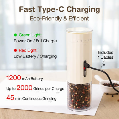 Vucchini 6 Level External Adjustable Electric Pepper Grinder Rechargeable Salt Grinder Type-C Quick Charge Large Capacity Spice Mill Acrylic Container for Home Kitchen