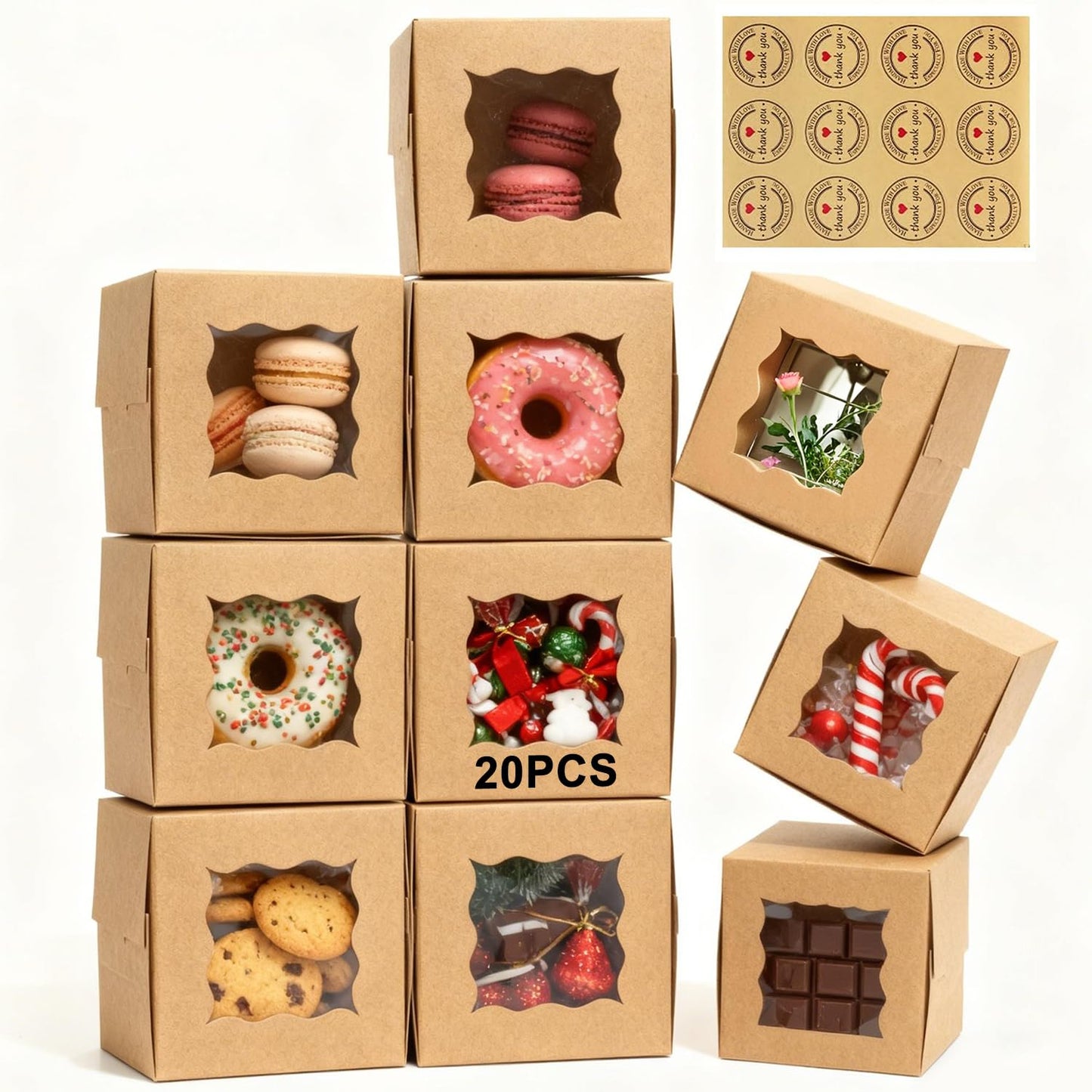 TAOUNOA 80 Pack 4x4x2.5 Inch Cookie Boxes with Window, Kraft Bakery Boxes for Cupcakes, Desserts Treats, Clear View Eco-Friendly Gift Packaging for Baked Goods Party (Brown, 20 pcs Easy to Secure)