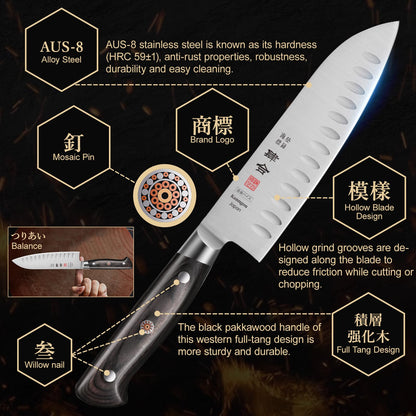 kanngou 7 Inch Santoku Knife, Japan AUS-8 Alloy Steel Japanese Knife with Full-Tang Black Pakkawood Handle, Vegetable Chopping Knife with Premium Gift Box (Classic Series)