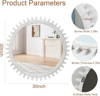 30 Inch ULIKE Round Wood Mirror, Rustic Farmhouse Circle Mirror with Wooden Frame, Modern Wall Decor for Bathroom