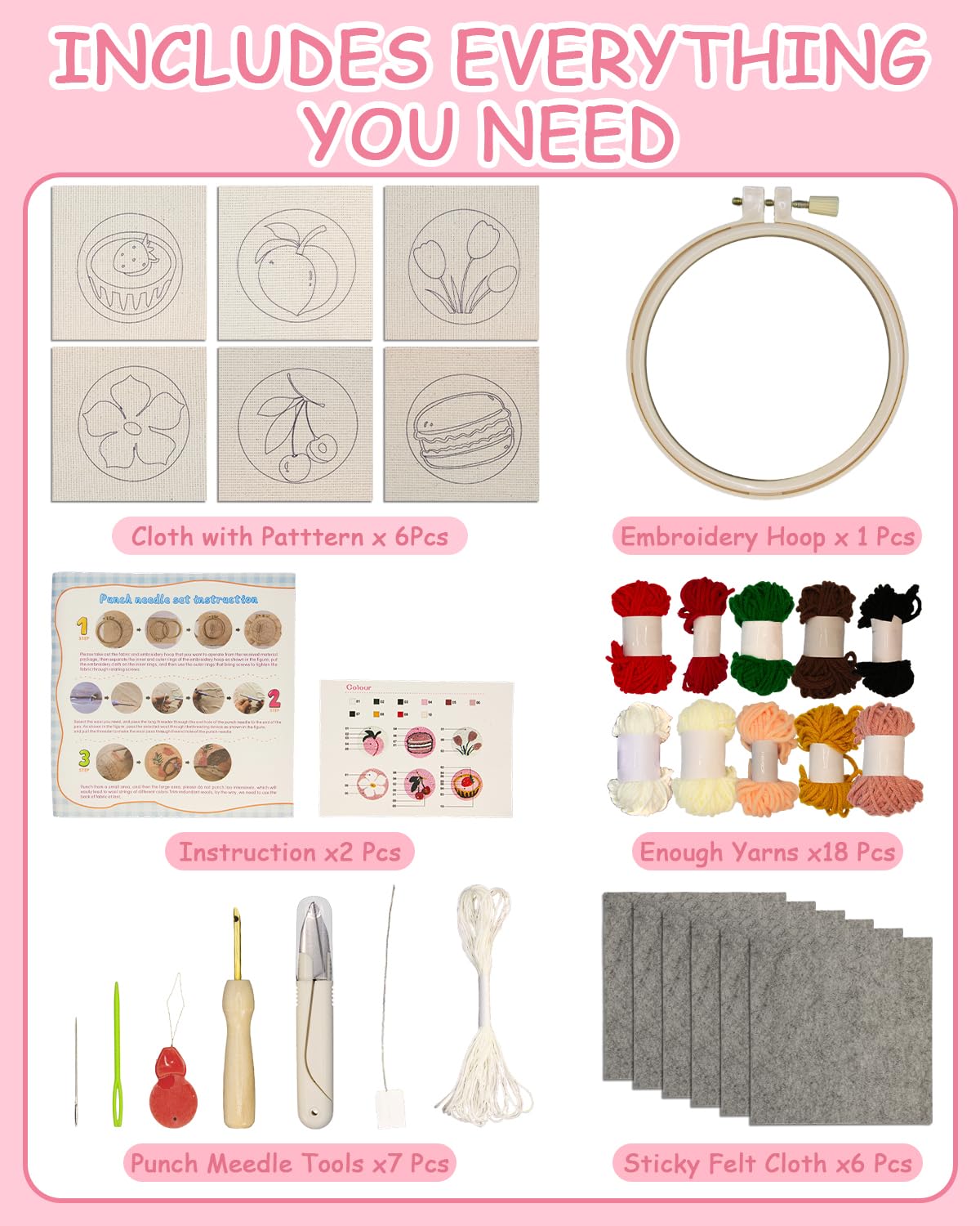 Punch Needle Kit for Beginners Adults Kids, 6 Pattern Embroidery Punch Needle Kits, Easy Needle Punch Embroidery DIY Kit Set Tufted Rug Punch Decoration with Patterns, Tools, Yarns, Hoop, Instruction