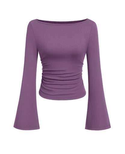 PRETTYGARDEN Women's Long Sleeve Shirts 2025 Fall Crop Going Out Tops Casual Boat Neck Bell Sleeve Ribbed Ruched Y2K Clothes