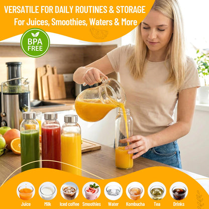 Luxfuel Clear Glass Bottles with Lids 18 oz, Reusable Glass Water Bottles with Stainless Steel Cap for Refrigerator, Juicing, 100% Leak Proof, BPA Free, Juice Bottle Drinking Jar Containers Set of 6