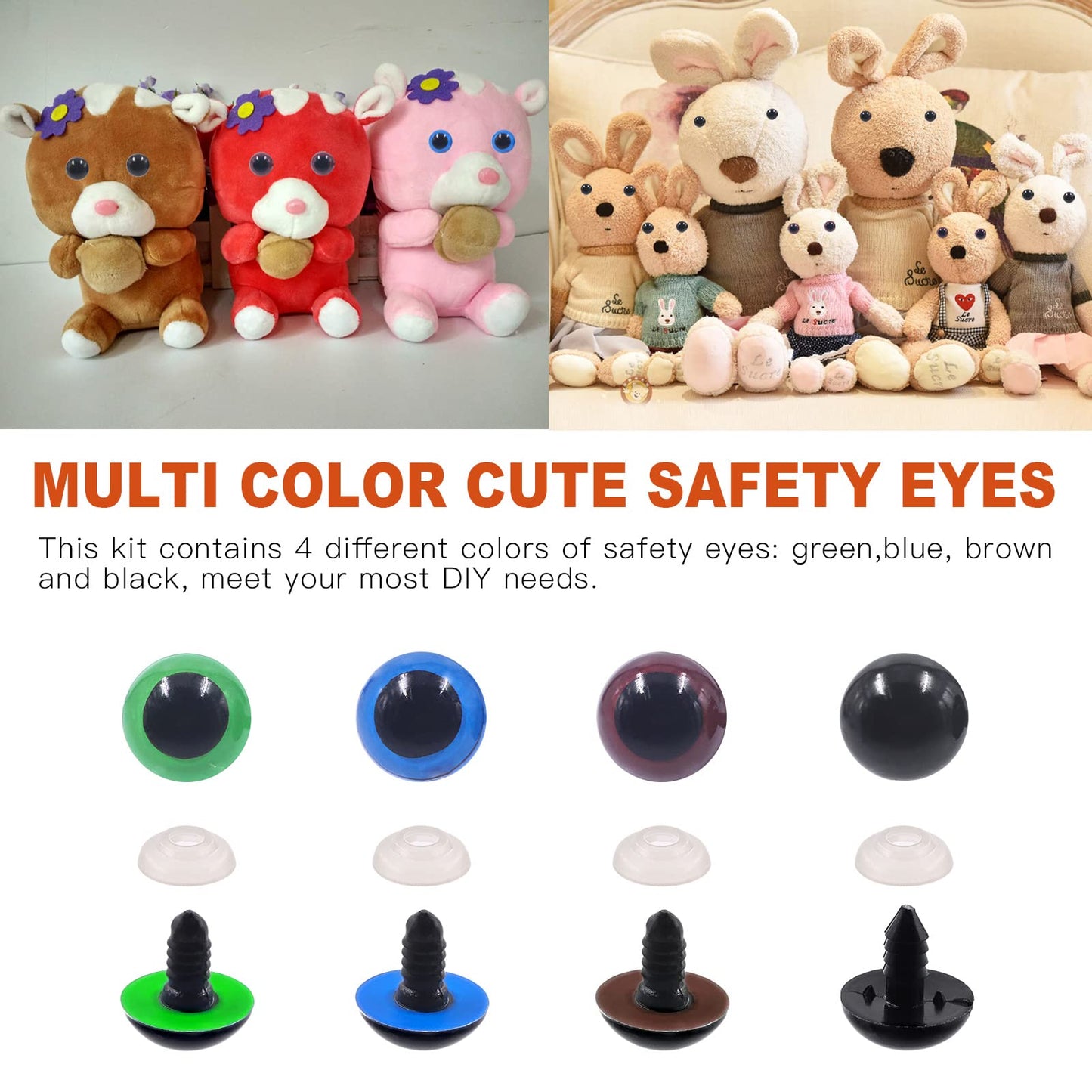 Tanstic 224Pcs Plastic Safety Eyes with Washers 4 Color Craft Doll Eyes for Doll Animal Crafts, Stuffed Crochet Animals (10mm, 12mm, 14mm, 16mm, 18mm)