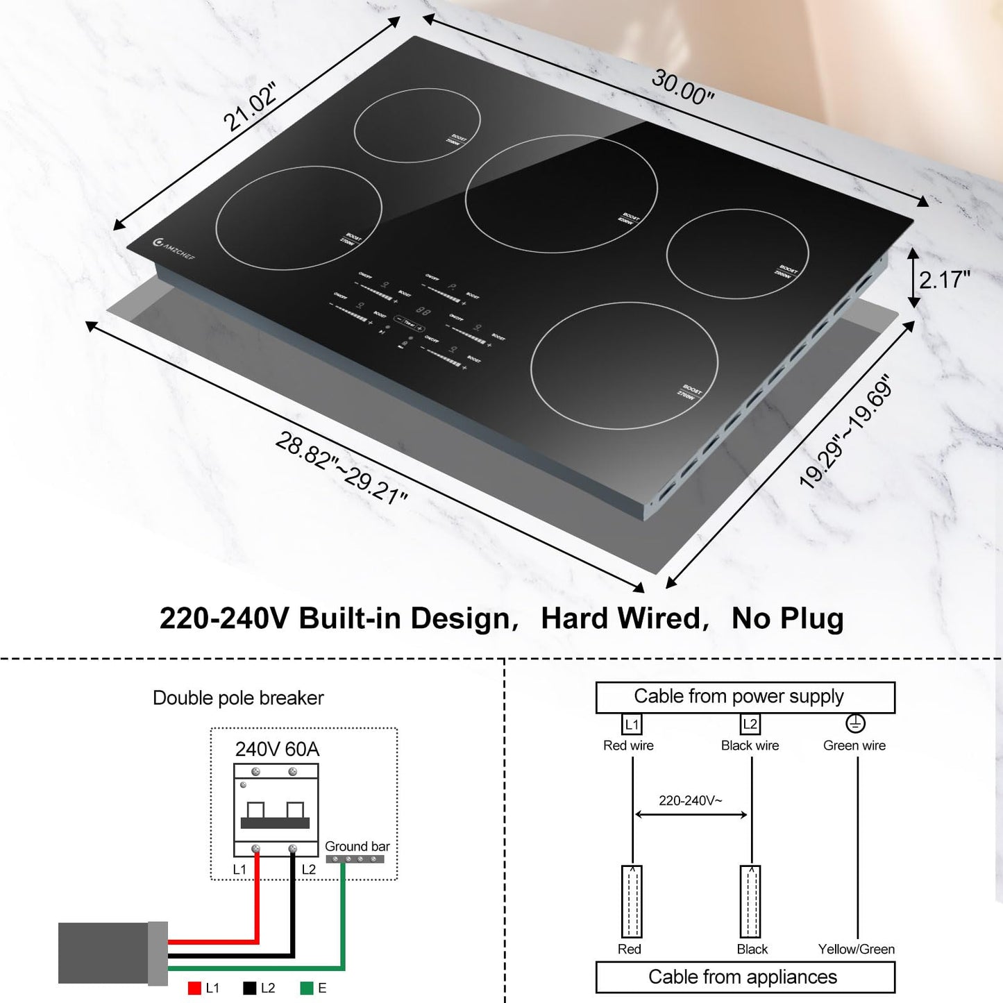 AMZCHEF 30 Inch 10600W Induction Cooktop With 5 BOOST Burners, 9 Levels Electric, Built-in Control by Slide Touchscreen, Child Safety Lock, Independent Timer, No Plug, 240V