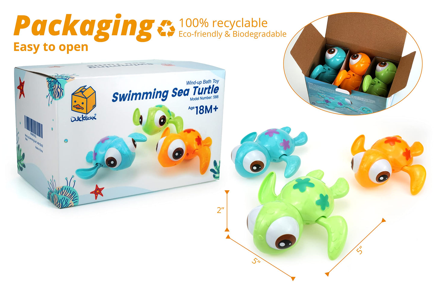 DUCKBOXX XX Wind-up Swimming Sea Turtles Bath Toy, No Battery Mold-Free Anti-Rust Interactive Montessori Toy for Kids 18M+ (3pcs)