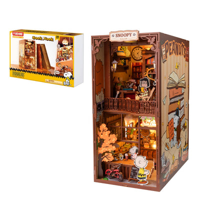 puremind Snoopy Peanuts Book Nook Kit, 9.3" 3D Wooden Puzzle DIY Miniature Kit with LED Lights, Book Cafe Bookshelf Insert Diorama Gift for Adults and Snoopy Fans