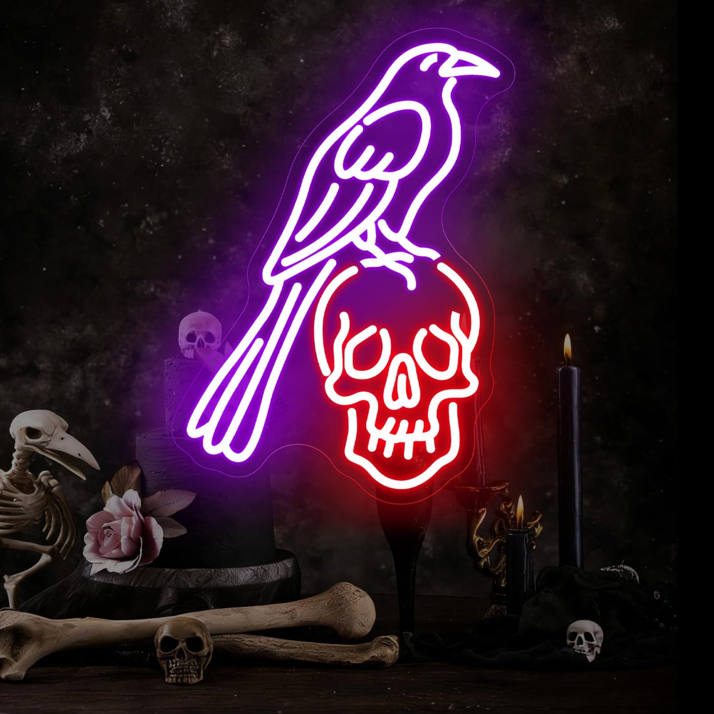 Raven Skull Neon Sign, LED Neon Sign Wall Decor Gothic Raven Light for Bedroom Studio Game Room, Animal Skeleton Bird Art Wall Display 15.7” × 11.4”