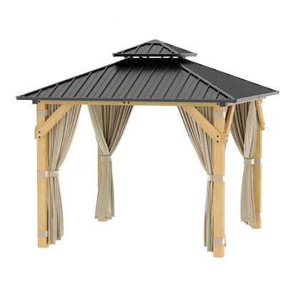 10x10 FT Hardtop Wood Gazebo, Outdoor Patio Pavilion with Cedar Frame, Double Galvanized Steel Roof, Curtains and Mesh Netting, Ceiling Hook Shelter for Backyard Deck Lawn Garden, Khaki