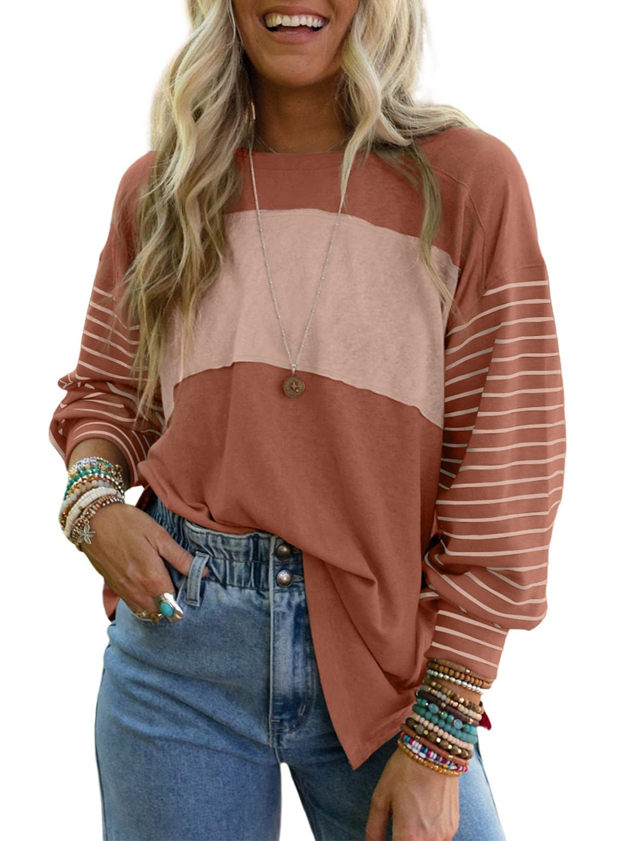 Dokotoo Long Sleeve Tops Oversized 2025 Trendy Round Crew Neck Casual Color Block Womens Shirts Blouses