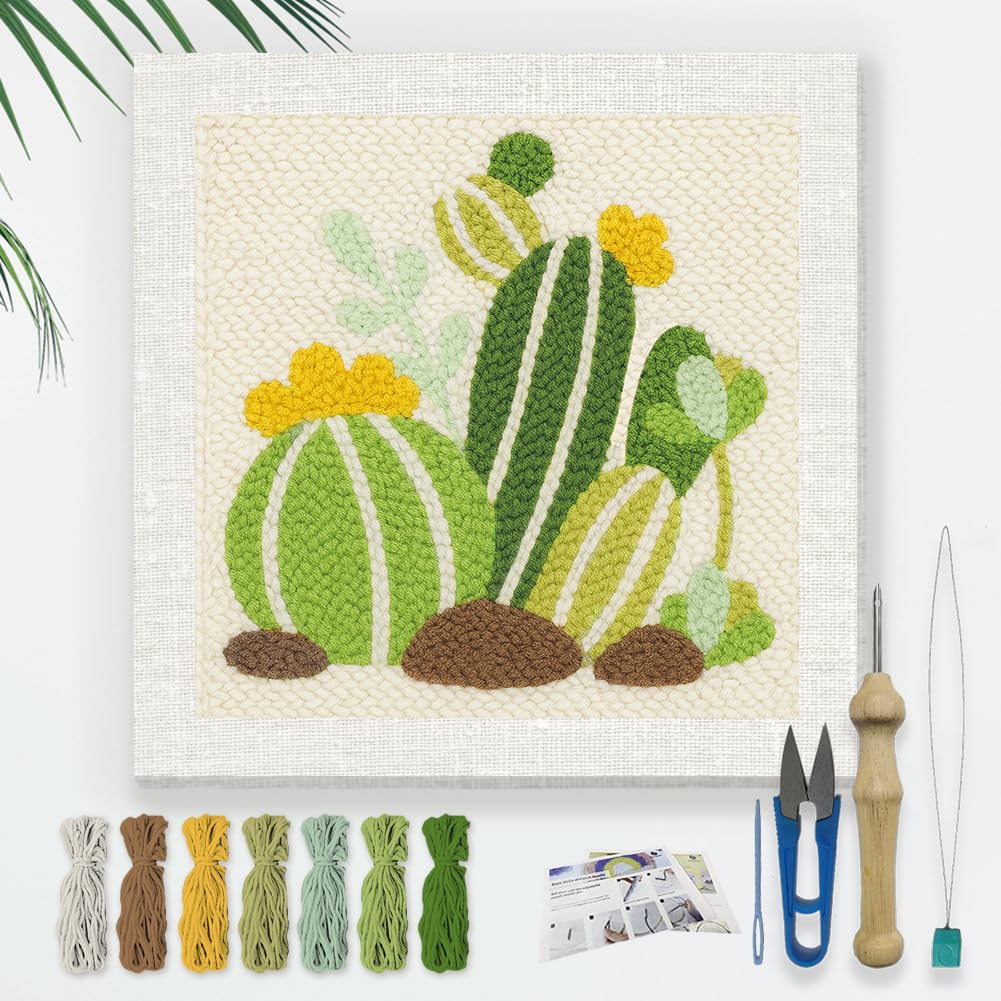 Doodlream Cartoon Cactus DIY Punch Needle Embroidery Kit for Adult Beginner, 9.4" Cactus Punch Stitching Craft Set for Starter with Frame, Fabric Pattern, Threader, Yarn, Pinch Needle