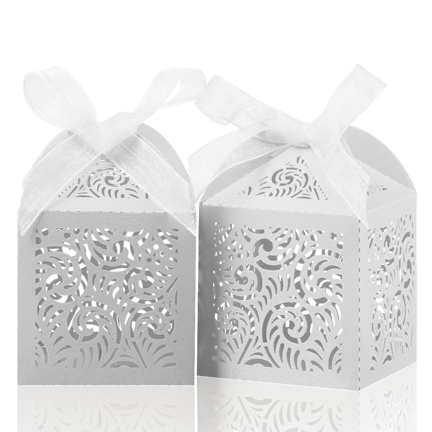 COTOPHER 100Pcs Laser Cut Favor Boxes, 2x2x2.75in Small Gift Boxes for Presents, Party Wedding Favors Boxes with Ribbon, Mini Candy Boxes for Event Bridal Shower Anniversary Birthday Christmas, White