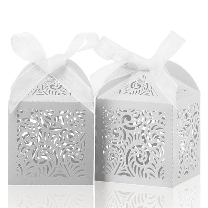 COTOPHER 100Pcs Laser Cut Favor Boxes, 2x2x2.75in Small Gift Boxes for Presents, Party Wedding Favors Boxes with Ribbon, Mini Candy Boxes for Event Bridal Shower Anniversary Birthday Christmas, White