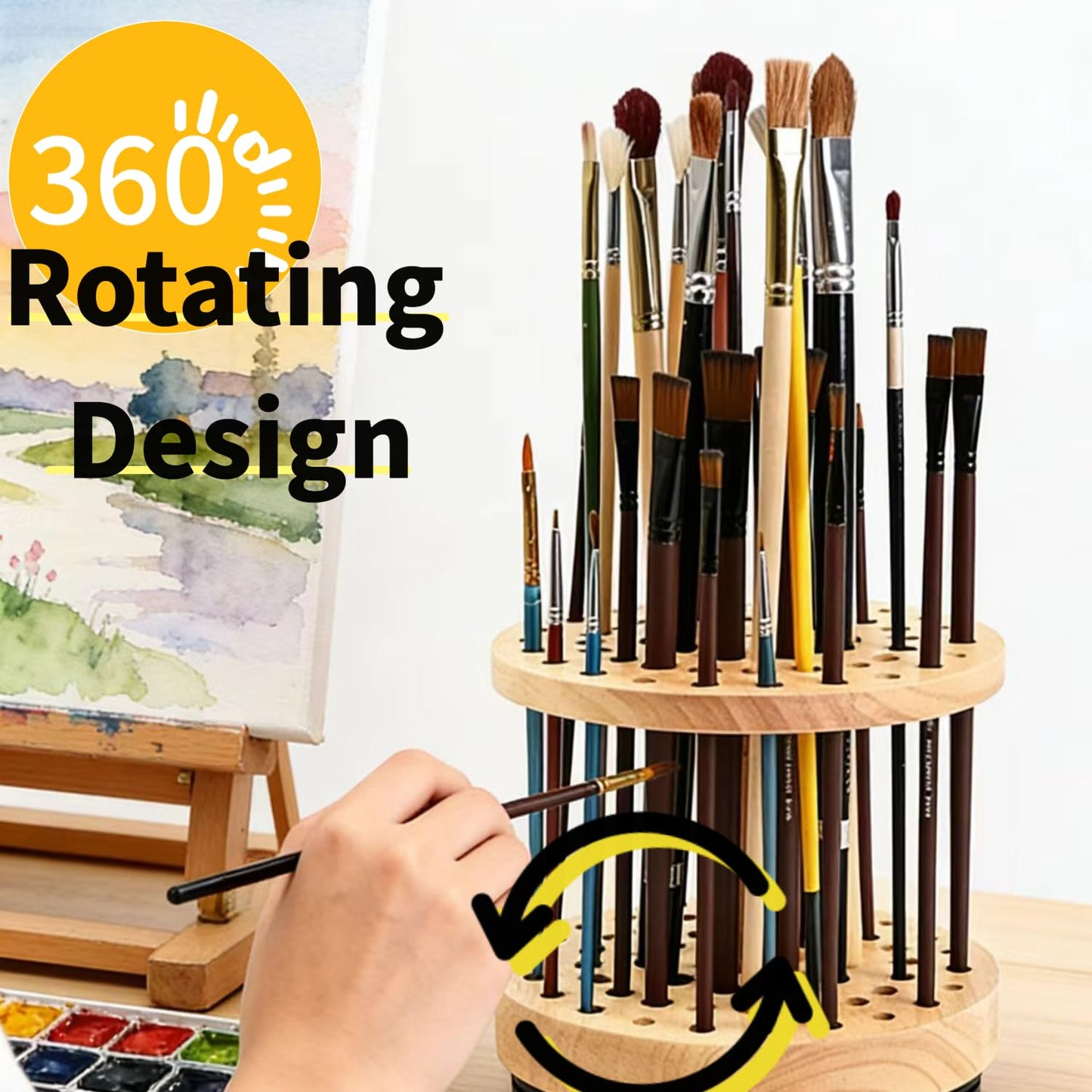 360° Rotating Brush Storage Rack|52-Hole Brush Holder|Hardwood Storage Stand|Space-Saving Brush Organizer|Suitable for Artist Brushes,Craft Tools, Makeup Brushes,Calligraphy Pens