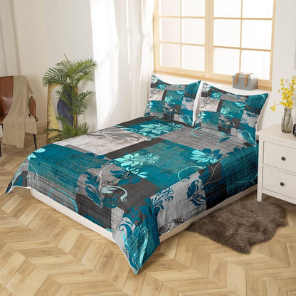 Grunge Ombre Boho Floral Bedding Set - Watercolor Artwork Comforter Cover, Queen Duvet Cover, Turquoise