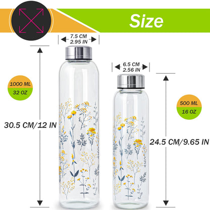 WENLIM Clear Water Bottle 16 oz BPA Free Glass Drinking Bottle for Juice with Stainless Steel Lid and Neoprene Sleeve (16 ounce, Scattered Flowers)