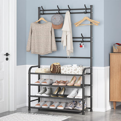 8 Closet 4 Shoe Rack Shoe Storage Shelf Freestanding with Hooks for Entryway Bedroom Tier, Black