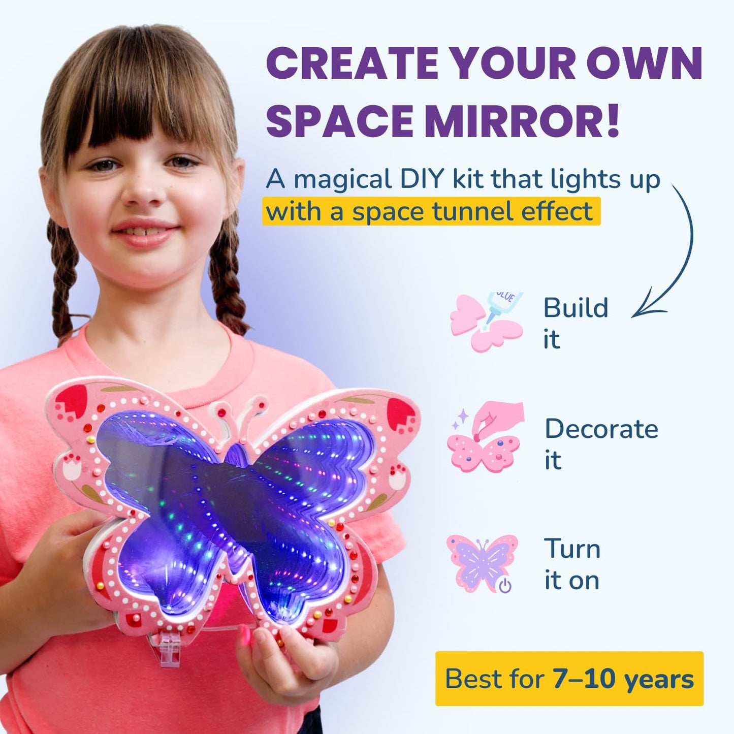 DIY Butterfly Space Mirror Light - 2 In 1 Mirror & Space Tunnel Effect with LED Lamps - Perfect Science Kids Arts and Craft Activity Kit for Girls 7-12 Years Old - Foam Craft with Gem Art Decorations