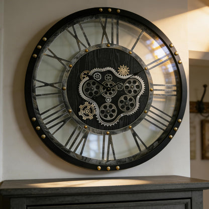AMAATE Steampunk Wall Clock with Moving Gears, Kinetic Mechanical Industrial Design, Retro Distressed Iron Finish, Dynamic Art for Living Room and Bar Decor, 32 Inch