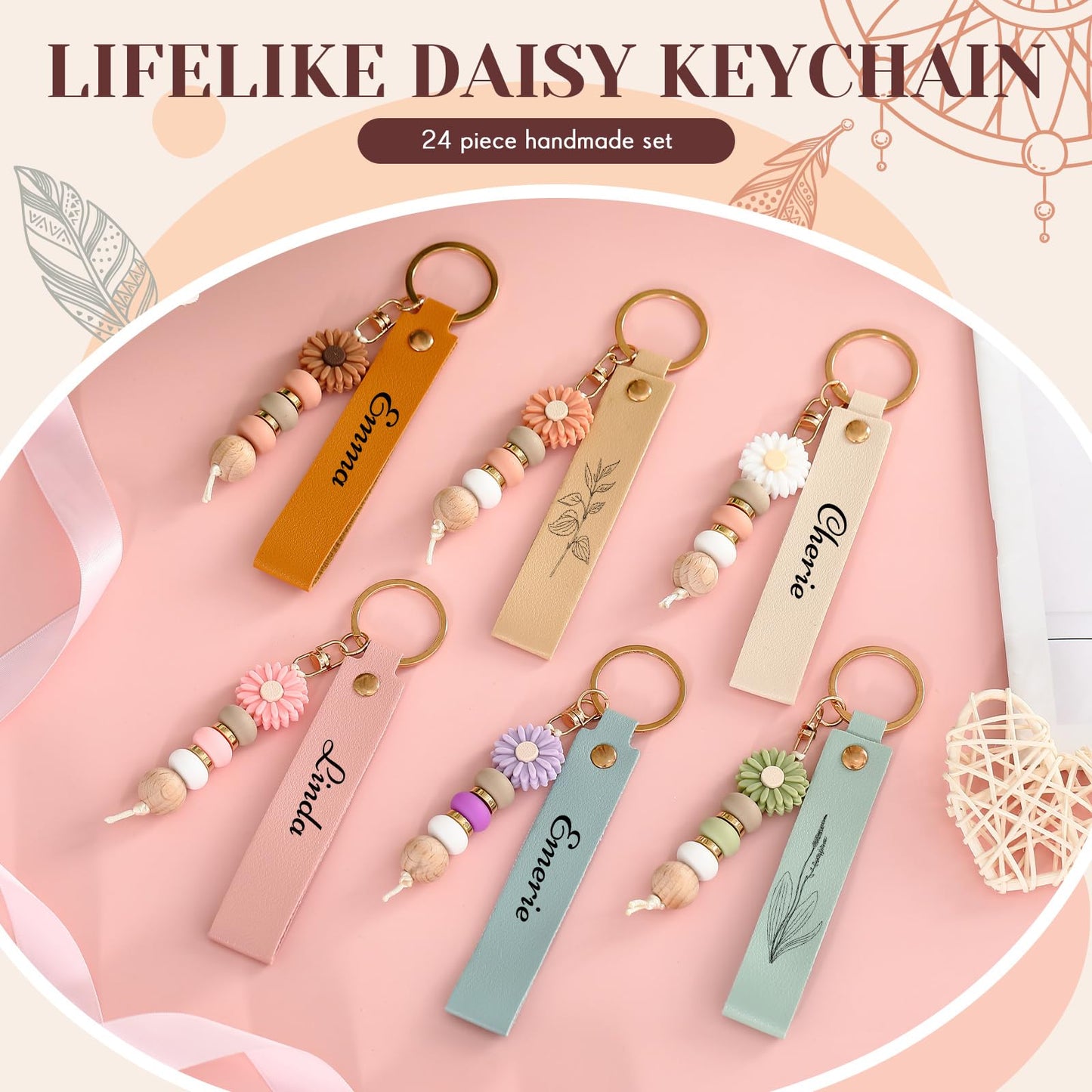 Wavyknot 12 Set Daisy and PU Leather Beadable Keychain Bars Bulk Laser Engraving Blanks Keychain Kit for DIY Crafts Jewelry (Pastel, Rectangle)
