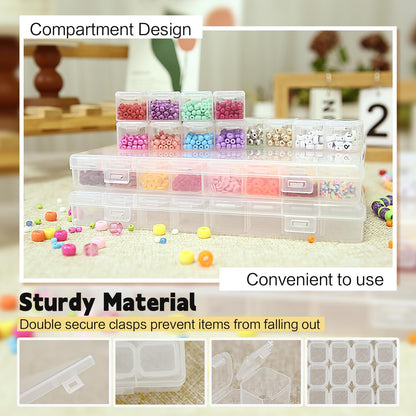 Megoogo 3 Pack 56 Grids Bead Organizer Storage Boxes, 168 Slots Diamond Art Painting Storage Containers with Movable Dividers, Clear Plastic Organizer Box with Labels for Crafts Supply Beads Buttons