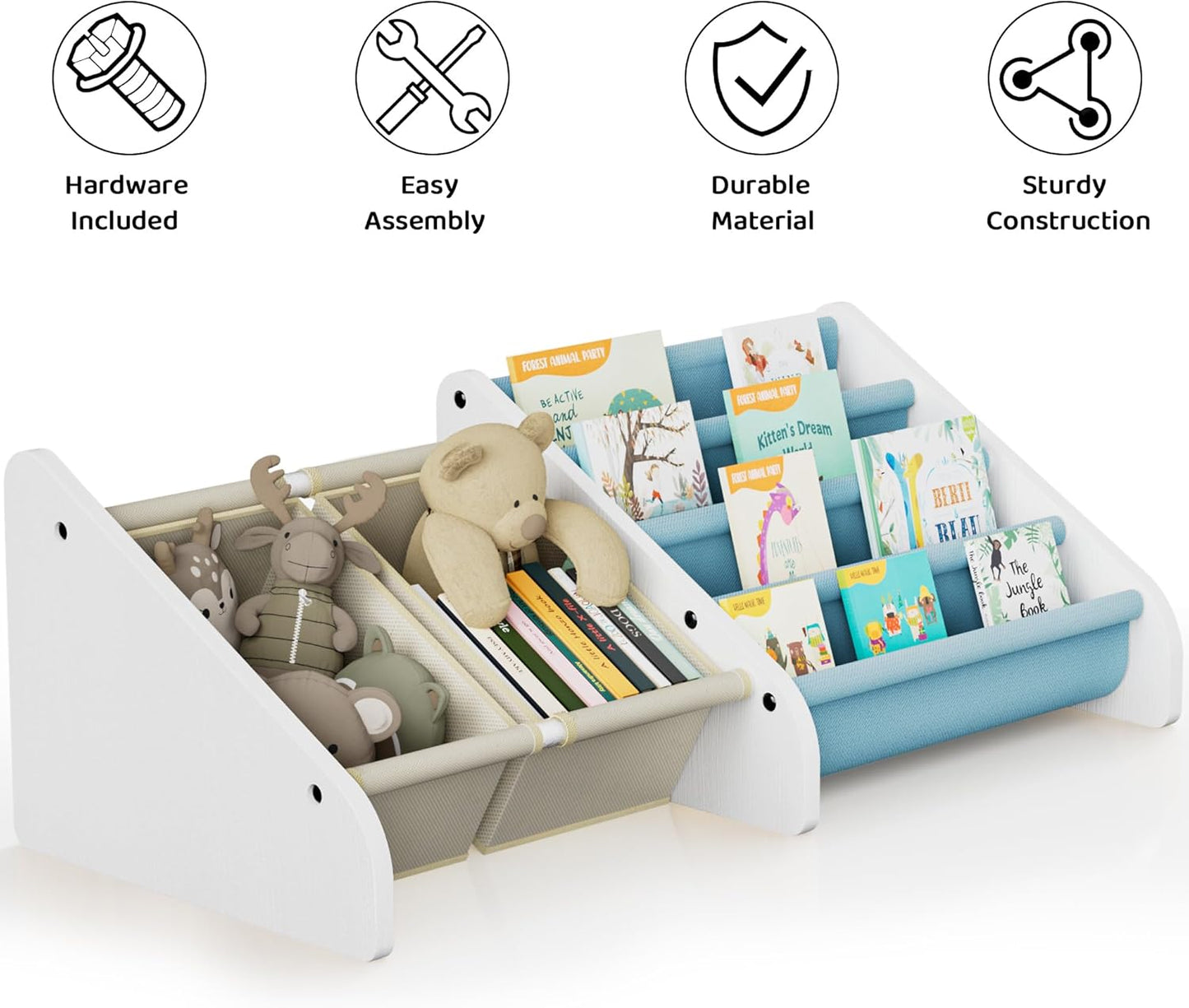 4-Tier Polegas Montessori Kids Bookshelf - Toddlers Bookshelf with Tear-Proof Oxford Sling, Book Shelf for Kid Rooms