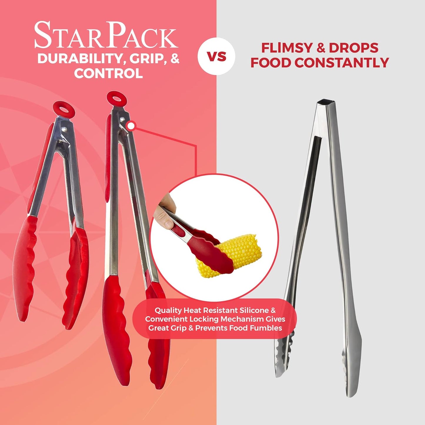 StarPack Premium Silicone Kitchen Tongs Set of 2, 9-Inch & 12-Inch, Stainless Steel with Non-Stick Tips