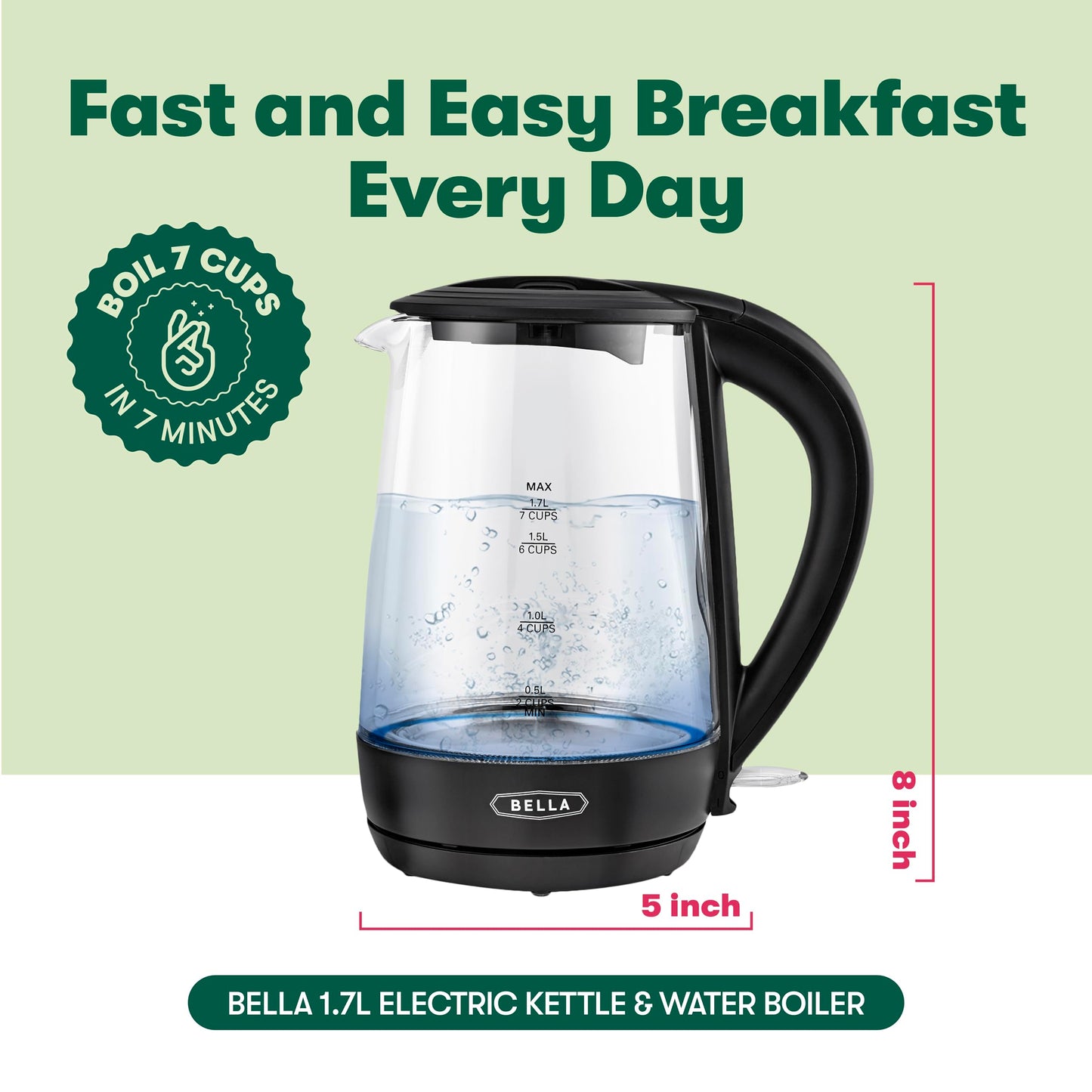 bella 1.7 Liter Glass Electric Kettle, Quickly Boil 7 Cups of Water in 6-7 Minutes, Soft Blue LED Lights Illuminate While Boiling, Cordless Portable Water Heater, Carefree Auto Shut-Off, Black