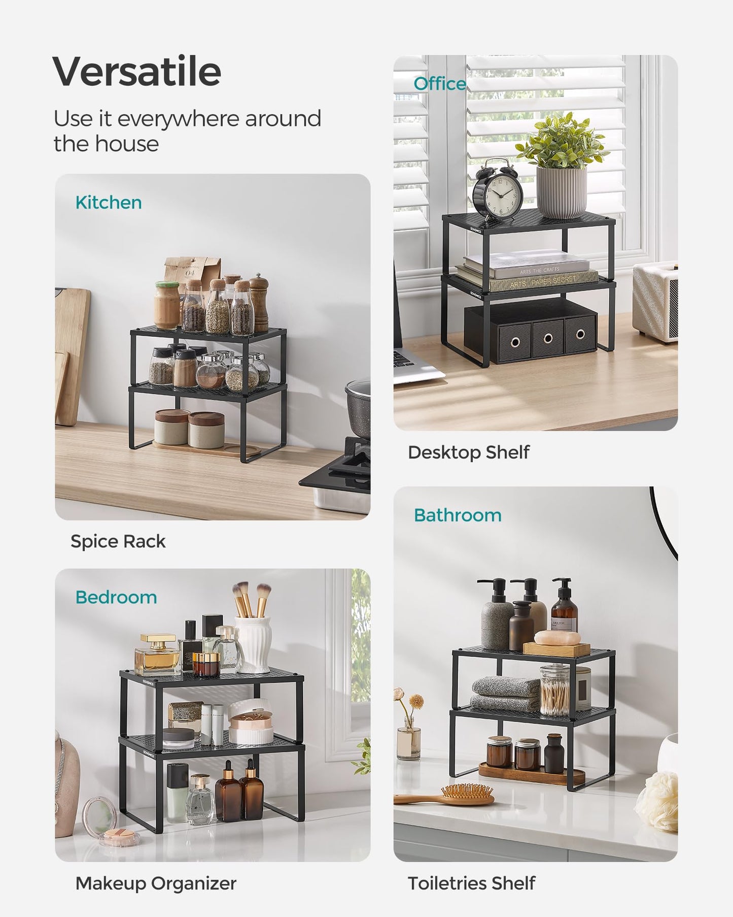 SONGMICS Spice Racks, Set of 2 Metal Cabinet Shelf Organizers, Countertop Organizers, Shelf Risers, Stackable, Expandable, Silver UKCS01SV