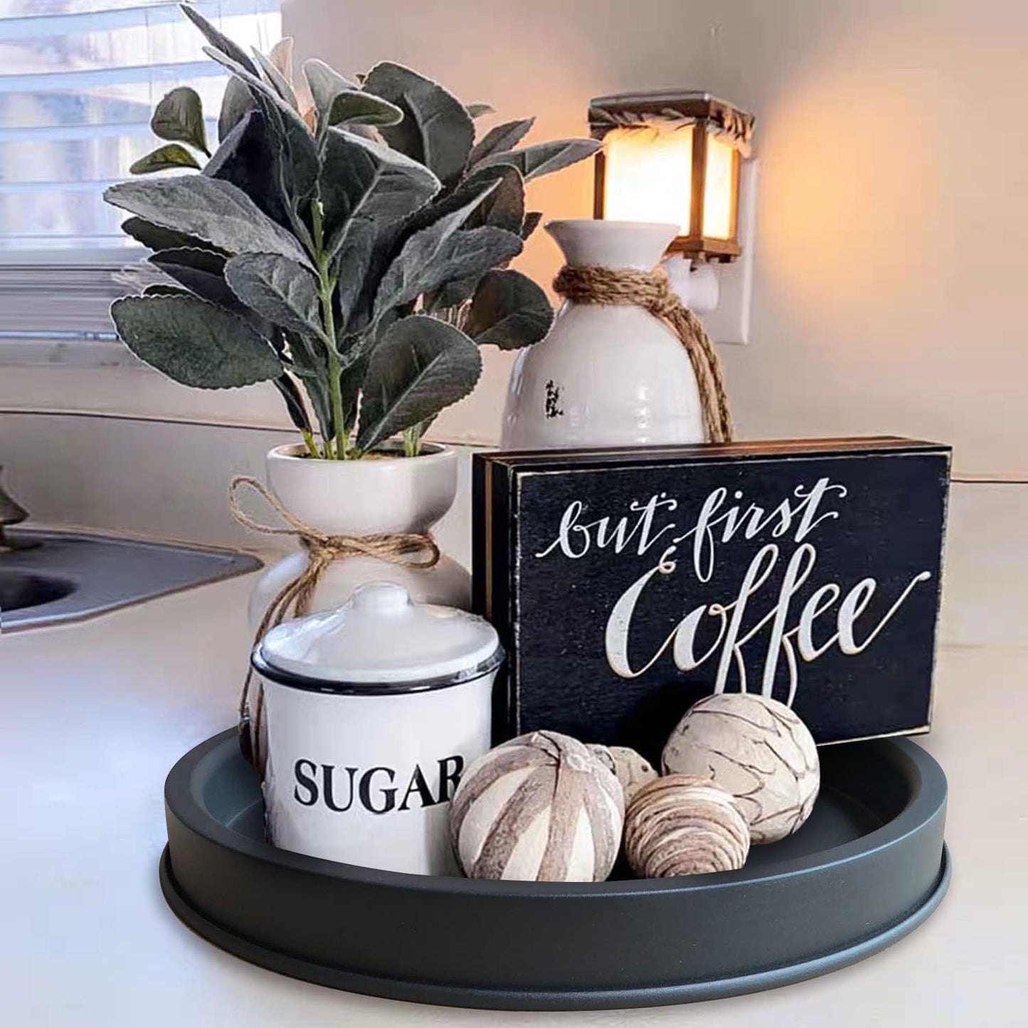 Lobolighting Black Round Decorative Serving Tray, Black Decorative Tray for Coffee Table Centerpieces Modern Farmhouse
