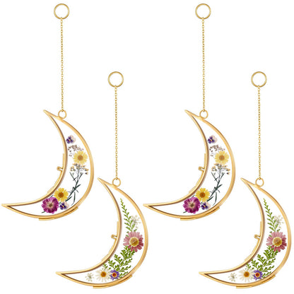Lineshading 4 Pcs Glass Pressed Flower Frames Double Glass Moon Shaped Picture Frames Flower Brass Hanging Photo Frame for Gallery Artwork Display Wall Decor Housewarming Gifts(Gold,2.5 x 3.5 Inch)