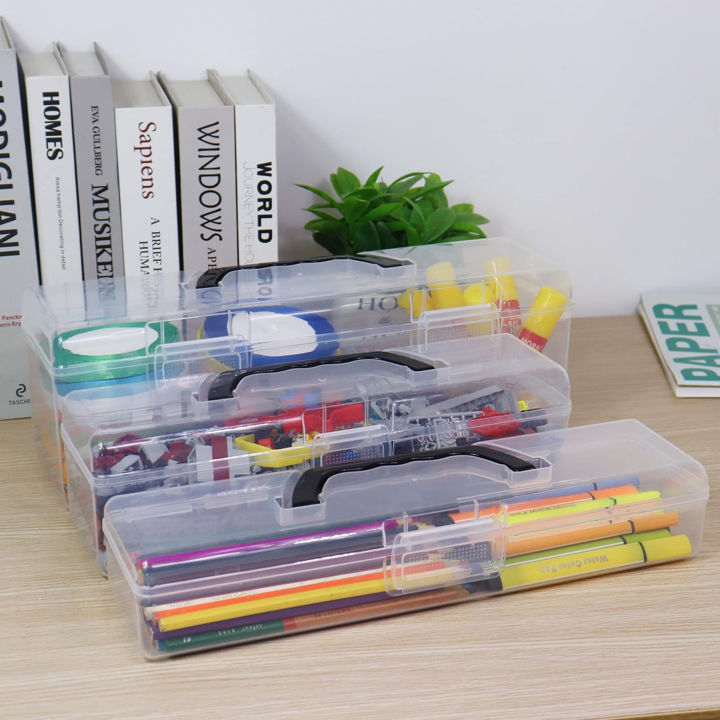 Flythww Plastic Storage Container with Lid, Clear Craft Tool Art Supply Sewing Organizer Box with Handle, Storage Bin for Paint Brush, Cards, Pencils, Crayon, Toys, Ribbons (L 13.98 x 4.21 x 4.72 in)