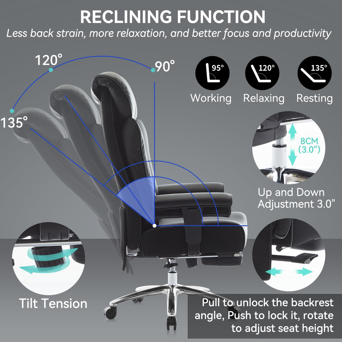 Efomao Big and Tall Office Chair with Footrest, 450lbs High Back Executive Chair with Spring Cushion, PU Leather Upholstery, Padded Armrests, Swivel Base, and Rolling Wheels – Black Computer Chair