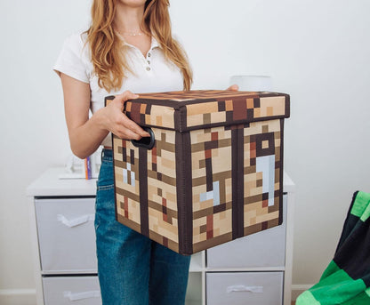 Minecraft Crafting Table 13-Inch Storage Bin Chest with Lid, Foldable Fabric Basket Container, Home Decor Essentials