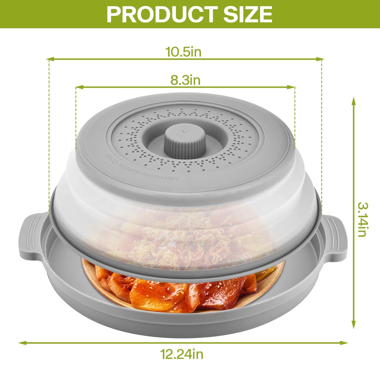 Microwave Splatter Cover for Food with Anti-scald Base Plate,Large Plastic & Silicone Vented Avoid Scalding Collapsible Guard Lid, Plate Holder & Kitchen Colander for Meal Prep-10.7 Inch (gray)