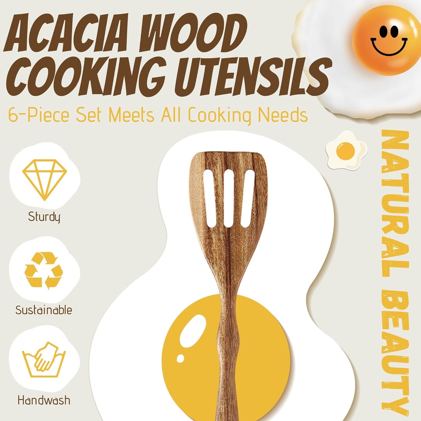 6 Piece Acacia Wood Cooking Spoons Set - Non Stick Wooden Utensils with Slotted Spoon, Salad Fork, Spatula, Pasta Server