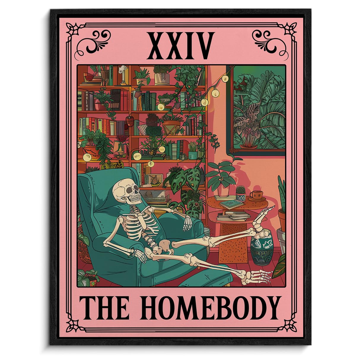 Spooky Framed Canvas Wall Art the Homebody Tarot Card Poster Print Wall Decor Sarcastic Skeleton Painting for Home Office Living Room Bedroom Decoration 11.5x15 Inches