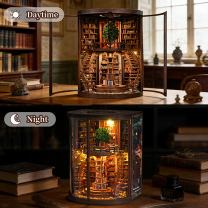Book Nook Kit for Adult-3D Wooden Puzzles Miniature Library Bookshelf Insert Bookend Decor，Adult Miniature Model with LED Light and Dust Cover, Touch Switch, Adult Craft Kits Gift