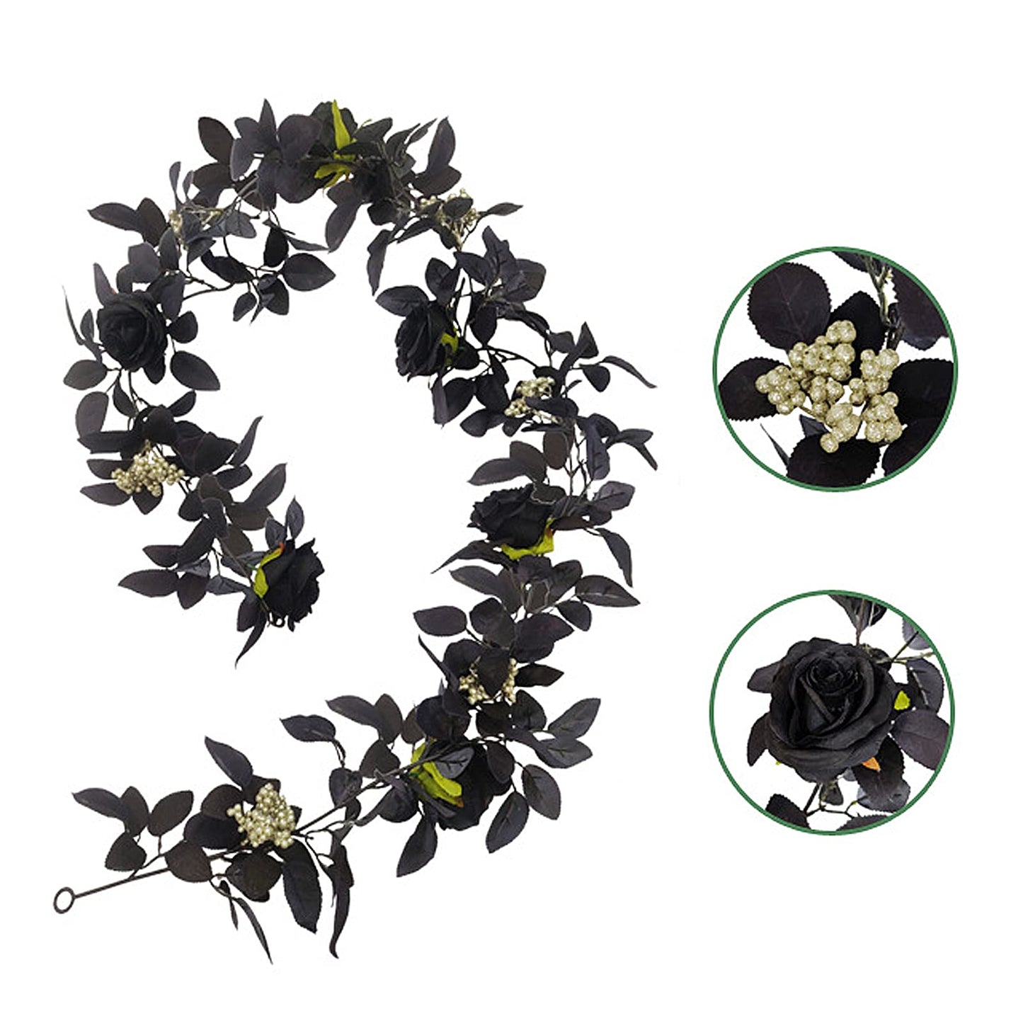 BFYDOAA 180cm Artificial Black Rose Vine Halloween Hanging Rose Flower Garland with Berries for Table Centerpiece,Fireplace Door Frame Backdrop Decor