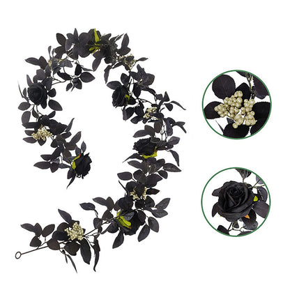 BFYDOAA 180cm Artificial Black Rose Vine Halloween Hanging Rose Flower Garland with Berries for Table Centerpiece,Fireplace Door Frame Backdrop Decor