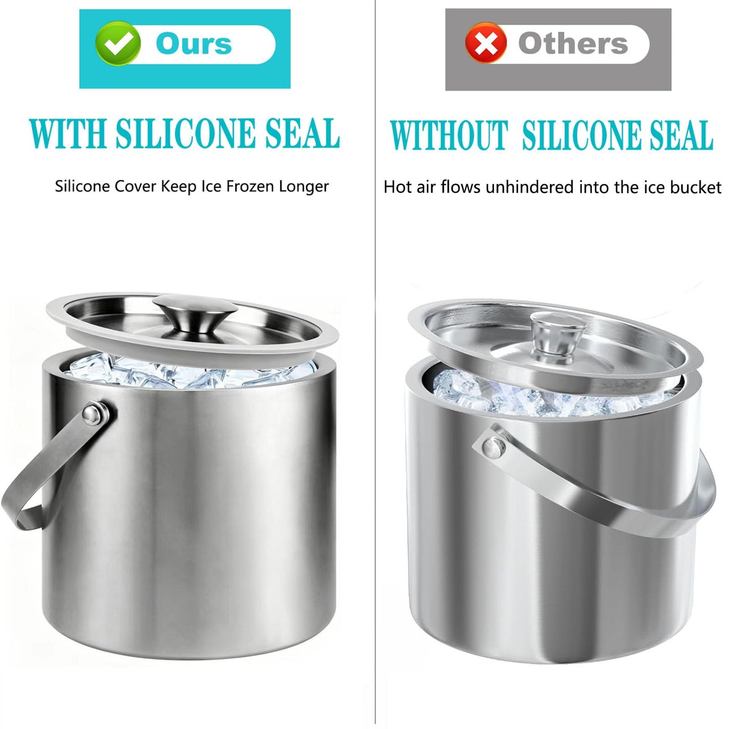 Yeatruojeet Ice Bucket, 3L Double Wall Insulated Ice Bucket with Lid,Scoop,Tongs- Inner Layer 304 Stainless Steel Ice Container Keep Ice Frozen Longer- Ideal for Cocktail Bar,Parties,Chilling Beer Win