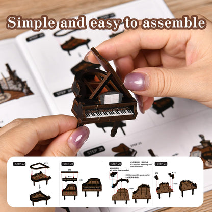 Book Nook Kit for Adults,360° View DIY Miniature Dollhouse Kit with LED, Classical Music Room 3D Wooden Puzzle Bookshelf Insert Decor, Creative Hobby Gift for Teens and Men